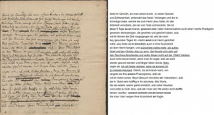 Abbildung 1: Eine Seite aus den „Letzten Stunden“ von zwei 
verstorbenen Kindern – links das Original, rechts die 
Transkription.  Franckesche Stiftungen